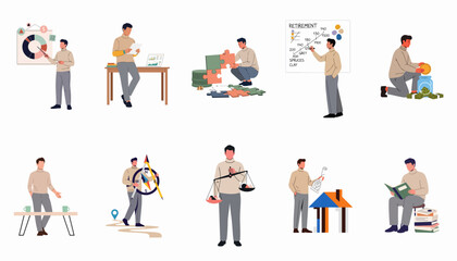 Diverse financial planning and wealth management activities, featuring a man analyzing data, strategizing retirement, saving, investing, navigating decisions, and learning for future success.