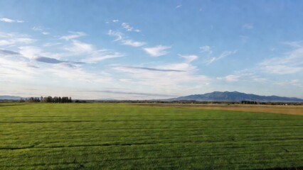 Vast Green Agricultural Field Under Clear Blue Sky with Distant Mountains and Trees