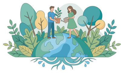 Obraz premium Man and woman caring for Earth's plants by planting and watering a small tree seedling to promote environmental sustainability.