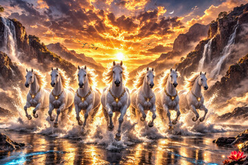 7 White Horses Running Through Waterfall Valley at Sunrise – Power, Freedom and Unity Concept © Heying HUA