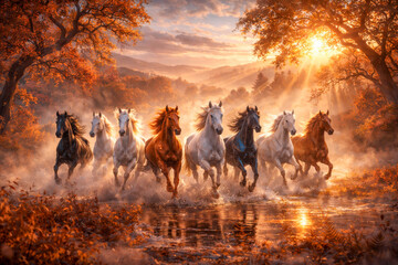 Fototapeta premium 8 Horses Running Through Autumn Forest at Golden Sunrise – Power, Freedom and Nature Harmony