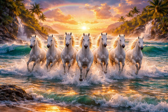 7 White Horses Running in Ocean Waves at Tropical Sunrise &ndash; Freedom, Energy and Unity Concept