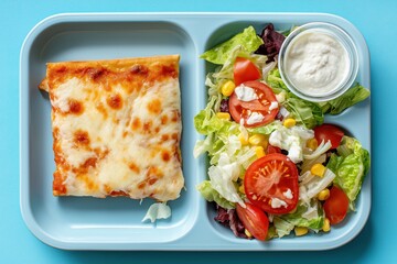 Square cheese pizza slice and fresh salad on a blue school lunch tray