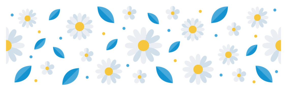 White daisies, blue leaves, and dots create a cheerful, seamless floral pattern for spring and summer designs.
