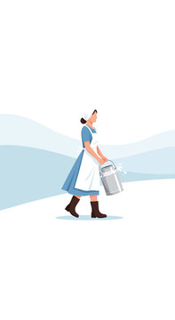Vintage Farmhouse Woman Carrying Milk Pail Snowy Landscape