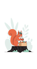 Fototapeta premium Whimsical Squirrel Gathering Autumn Harvest Nuts With Cute Hat On Tree Stump