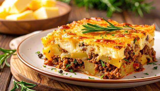 Delicious slice of homemade moussaka with layers of eggplant minced meat and creamy bechamel sauce garnished with rosemary