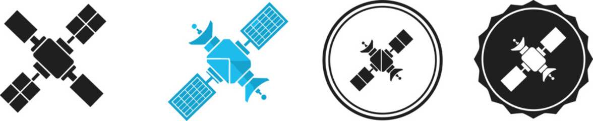 Satellite icon collection, stylized space communication designs, solar panel silhouette, circular badge emblem, orbital technology illustration elements ©  FIROZ CONTRIBUTOR 