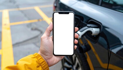 Hand holding smartphone with blank white screen in front of electric vehicle charging at station in parking lot