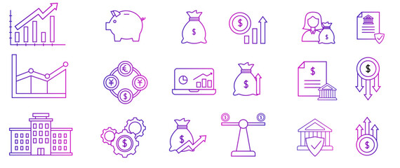 Fototapeta premium Business and finance icon set in outline style with gradient. Isolated on white background.