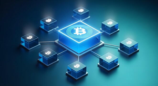 Bitcoin blockchain network architecture with decentralized nodes and cryptocurrency symbol