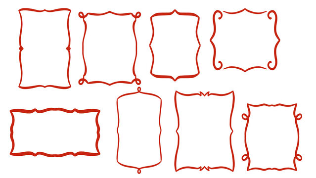 Set of hand-drawn red decorative doodle vector frames in various shapes on white background - transparent PNGs for graphic design