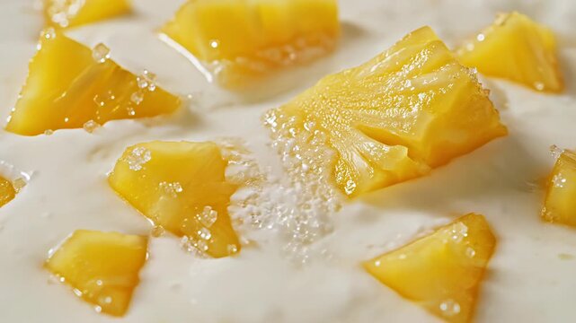 Close Up Tropical Fruit Dessert with Creamy Yogurt Topping and Sweet Pineapple Chunks Sprinkled with Sugar Crystals Soft Focus Background