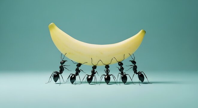 Ants working together to carry a large banana