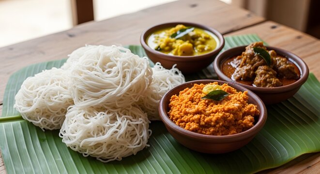 Sri Lankan String Hoppers with Curries, Traditional Kothu Rice Hoppers Breakfast, Authentic Coconut Sambol Meal on Banana Leaf