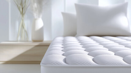 Fototapeta premium Comfortable white mattress with plush pillows and decorative vase in a bright, airy bedroom setting