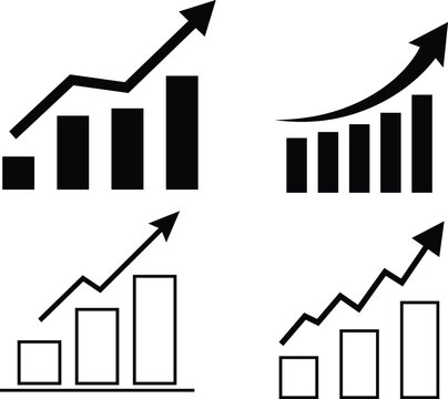 Set of four growth bar chart icons with upward arrows representing business success, financial progress, market trends, data analytics, and economic improvement on white.