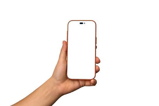 The hand holds a modern smartphone with an empty white screen. Hand holding a new orange mobile phone vertically with a blank white screen, mock-up