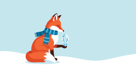 Winter Fox With Ice Crystal On Snowy Landscape