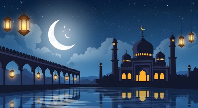 Serene Chaand Raat Mubarak Illustration with a Majestic Mosque Reflection on a Calm Lake under a Radiant Crescent Moon and a Starry Night Sky Scene