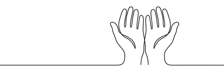 Obraz premium Two cupped hands continuous line drawing illustration symbolizing prayer, charity, giving, or receiving with open palms.