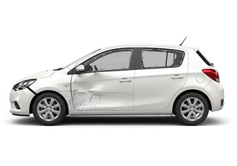 White damaged hatchback car with significant body damage side view