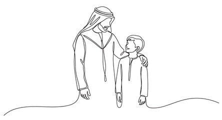 Obraz premium Adult man and young boy from the Middle East share a tender moment, symbolizing family connection, guidance, and cultural heritage.