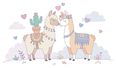 Fototapeta premium Two cute cartoon llamas nuzzling affectionately together with colorful blankets, a flower crown, and a potted cactus, surrounded by floating hearts and soft clouds.