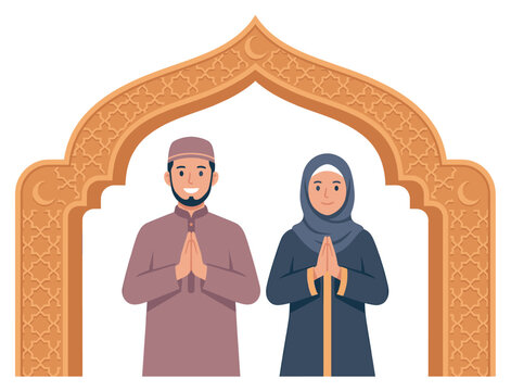 Muslim man and woman happily greeting under an ornate Islamic archway with traditional patterns and crescent moons.