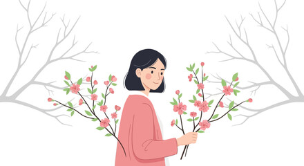 Woman Holding Spring Blossom Branches Blooming Pink Flowers