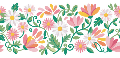 Naklejka premium Floral border pattern with colorful spring flowers and leaves creating a cheerful decorative design element for various creative projects.