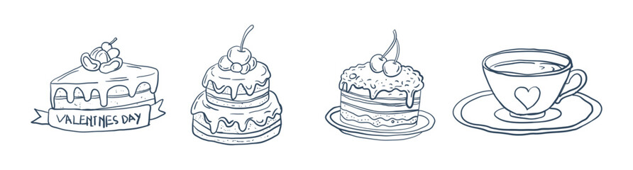 Hand drawn dessert and coffee illustration set with cake, cupcake and tea cup line art
