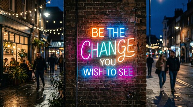 Glowing neon &ldquo;Be the Change&rdquo; inspirational message sign promoting empowerment and positivity.