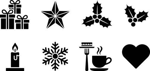 Set of winter holiday icons featuring gift boxes star holly berry candle snowflake and hot coffee for Christmas flat vector © Atik