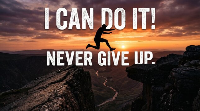 Determination motivational poster featuring &ldquo;Never Give Up&rdquo; concept encouraging resilience and success mindset.