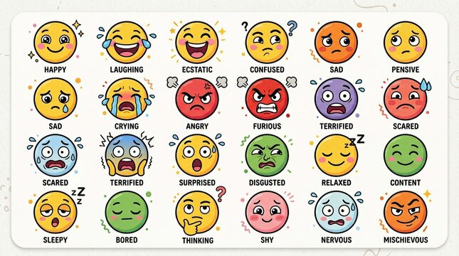 Colorful emoji emotion chart displaying multiple facial expressions representing different moods and feelings.