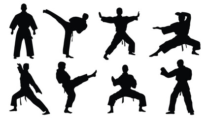 Black silhouettes of martial artists performing karate moves © SkPrsho