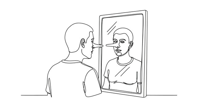 Man with Pinocchio Nose Looking in Mirror, Deception Concept