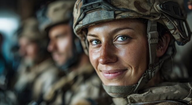 Confident Soldier Smiling in Military Gear During Mission with Comrades in Background