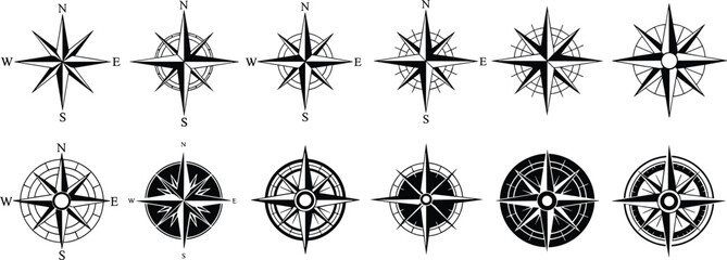 Black Compass Rose Silhouette Set Vector Illustration Isolated On White Background For Nautical Navigation Map Travel Adventure Discovery Maritime Direction And Geographic Exploration Graphics © Ramadan's World