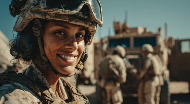 Confident Soldier Smiling Amidst Team and Military Vehicle in Sunlit Desert