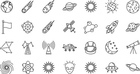 Black and white space exploration outline icons set featuring planets, rockets, satellites, moon phases, telescopes, alien life, and galaxy symbols for astronomical graphic design projects.