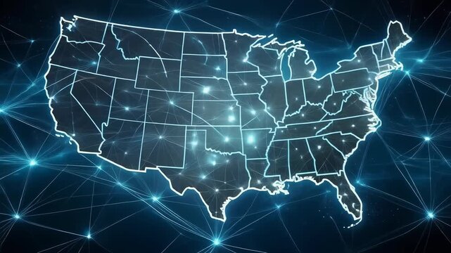 Digital map of the United States with glowing network connections and state borders in futuristic style
