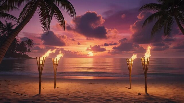 Tropical beach sunset with burning tiki torches and palm trees over calm ocean water