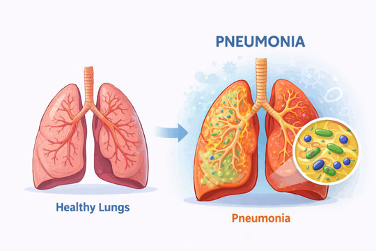 Illustration comparing healthy lungs to lungs affected by pneumonia and showing bacteria