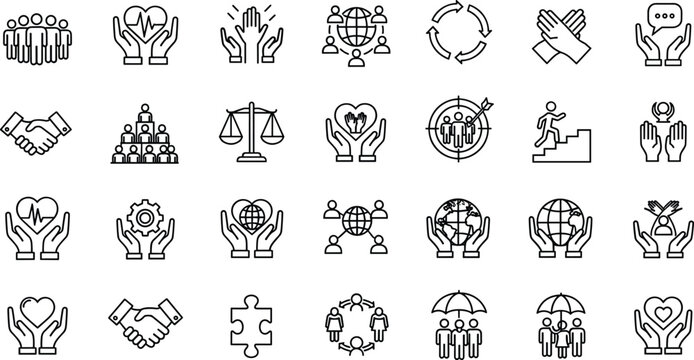 Set of community, charity, and social responsibility line icons featuring hands holding hearts, global networking, teamwork, partnership, and humanitarian support.