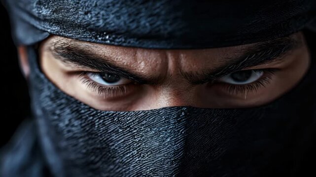 A skilled ninja practices intense focus and discipline while wearing traditional attire. The warrior's piercing eyes convey determination and strength in a training environment.