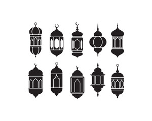Obraz premium Collection of ten black silhouette Islamic Arabic lanterns with intricate geometric patterns and crescent moon details on a