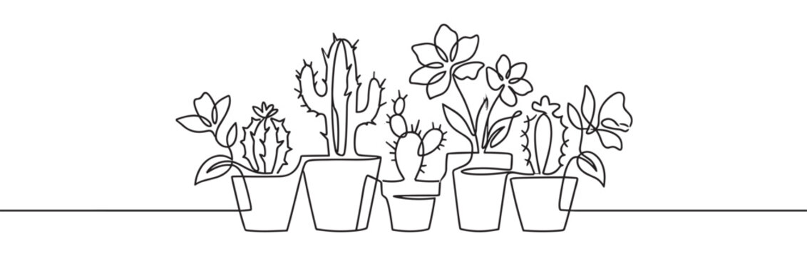 Continuous line drawing potted plants, cacti, and flowers arranged in a decorative row, showcasing minimalist botanical art.