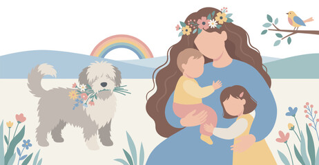 Fototapeta premium Happy family with their pet dog celebrating springtime outdoors, surrounded by flowers and a beautiful rainbow.